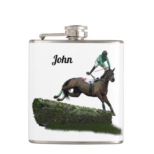 Jumping Horse Jockey in Green Drink Flasche Flachmann (Vorderseite)