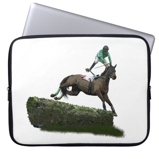 Jumping Horse Jockey in Green Laptop Sleeve (Vorderseite)