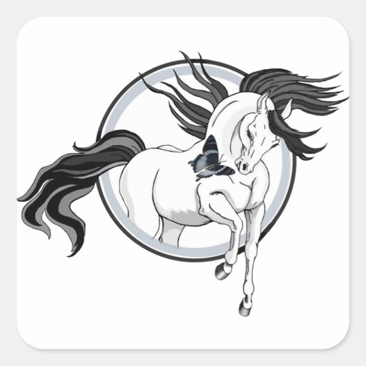 Jumping Out ~ Pferd und Schmetterling Quadratischer Aufkleber (Vorderseite)