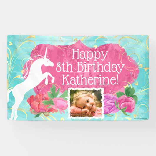 Jumping Unicorn Bright Girls Geburtstag Banner (Horizontal)