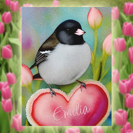 Junco Valentine Heart Niedlich Tulip Garden Bird + Postkarte