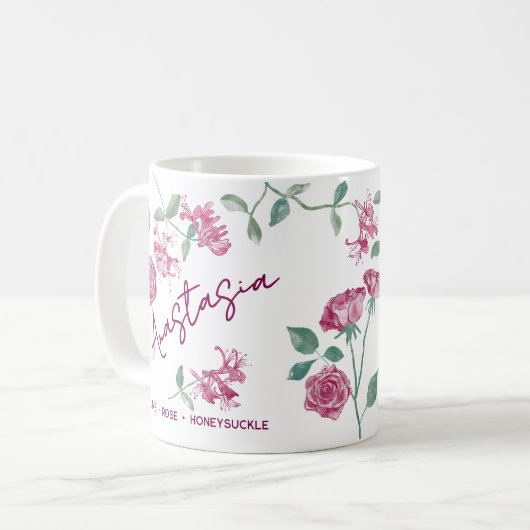 June Birth Flower Custom Name Rose Honeysuckle Kaffeetasse (Vorderseite Links)