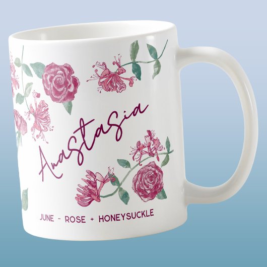 June Birth Flower Custom Name Rose Honeysuckle Kaffeetasse