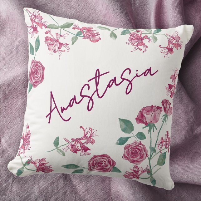 June Birth Month Honeysuckle Rose Personalized Kissen (June birthday personalized custom name birth month flower watercolor honeysuckle rose throw pillow)