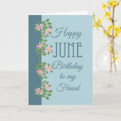 June Birthday Card for Friend: Dogroses on Blue Karte (Gelbe Blume)