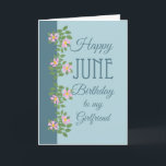 June Birthday Card, Girlfriend: Dogroses on Blue Karte<br><div class="desc">Eine hübsche Juni-Geburtstagskarte für einen Freund,  mit einem Rand von rosa Dogroses auf zweifarbigem blauen Hintergrund; Teil der Posh & Painterly "Rosy Posy" Kollektion.</div>
