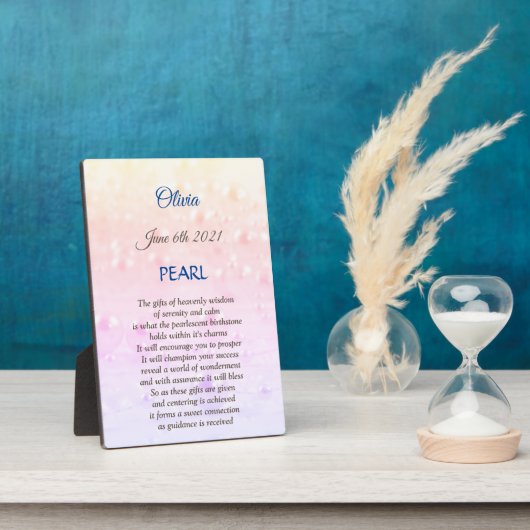 June Birthstone Pearl Tabletop Plaque mit Easel Fotoplatte (Seite)