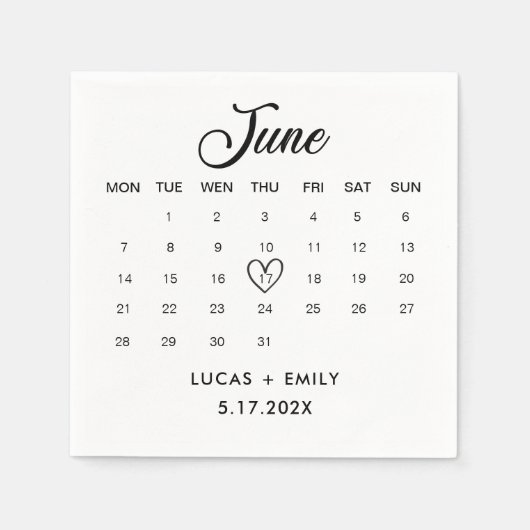 June Calendar Dark Black Wedding Serviette (Vorderseite)