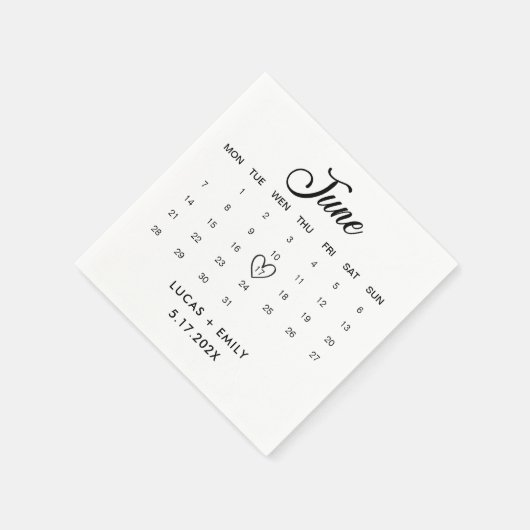 June Calendar Dark Black Wedding Serviette (Ecke)