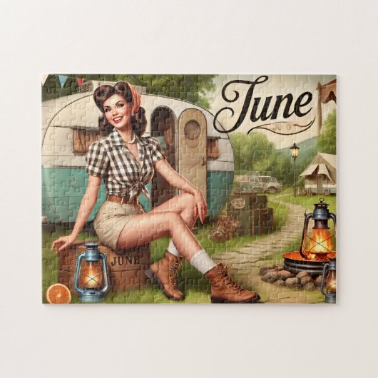 June Retro Summer Camping Pin-Up Girl Puzzle (Horizontal)