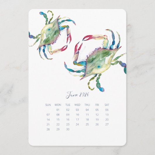 June Stand Alone Calendar Blue Crab Menükarte (Vorderseite)
