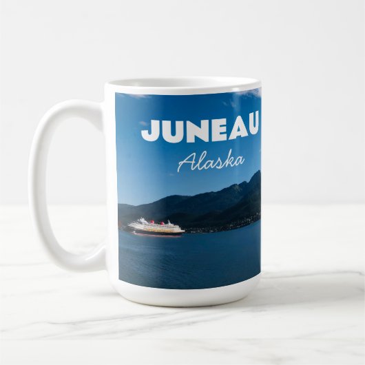 Juneau Alaska Postcard mit Kreuzfahrtschiff Flugze Kaffeetasse (Links)