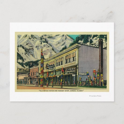 Juneau, Alaska-Sicht auf Totem und Nugge der alten Postkarte (Vorderseite)