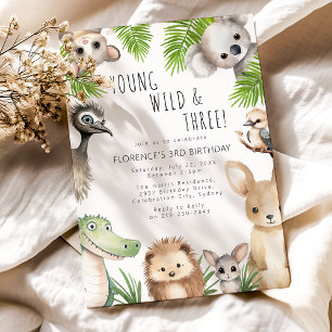 Jung, Wild & Drei australische Tiere 3. Geburtstag Einladung