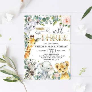 Jung, Wild & Drei Partytier Mädchen 3. Geburtstag Einladung