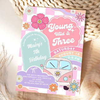 Jung, wild & Drei Regenbogen Auto Gänseblümchen Ge Einladung