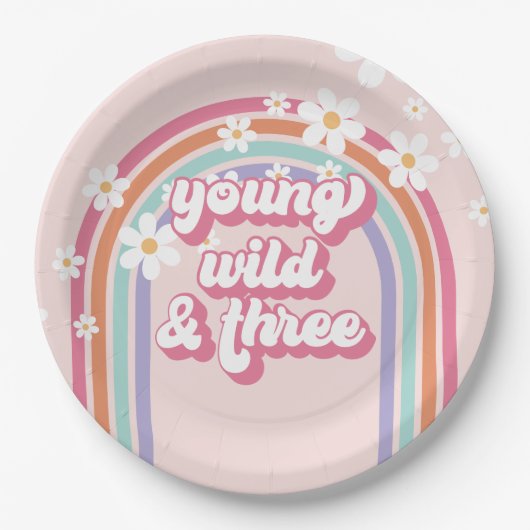 Jung, wild, drei Regenbogen Rosa 3. Geburtstag Pappteller (Vorderseite)