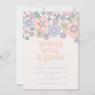 Jung, wild, drei Retro-Blumen zum 3. Geburtstag Einladung