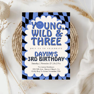 Jung, Wild & Three Retro Blue Boy 3. Geburtstag Einladung