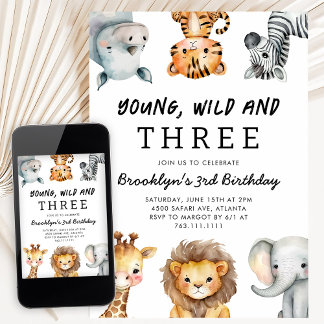 Jung, wild und drei Safari-Geburtstagsfeier Einladung