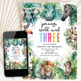 Jung, Wild und drei Safari-Tiere 3. Geburtstag Einladung