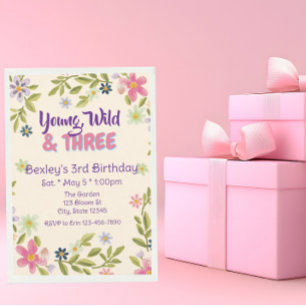Jung, Wild und drei Wildblume, 3. Geburtstag Einladung