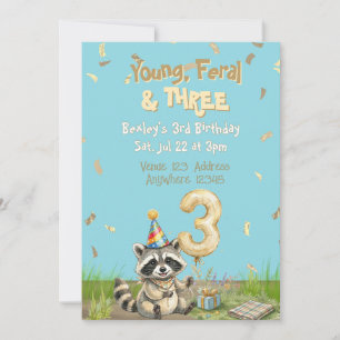 Jung Wilde & Drei, Gold, Waschbär 3. Geburtstag Einladung