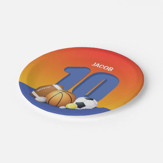 Junge 10. Geburtstag Sportbälle Pappteller (Schrägansicht)