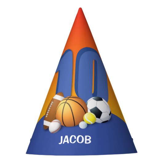 Junge 10. Geburtstag Sportbälle Partyhütchen (Vorderseite)