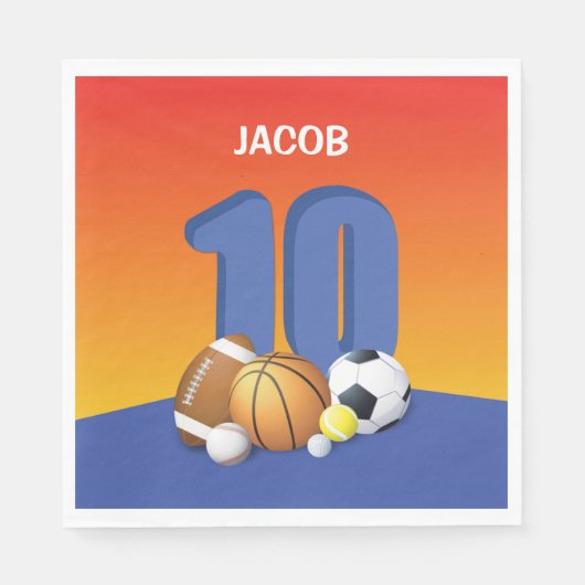 Junge 10. Geburtstag Sportbälle Serviette (Vorderseite)