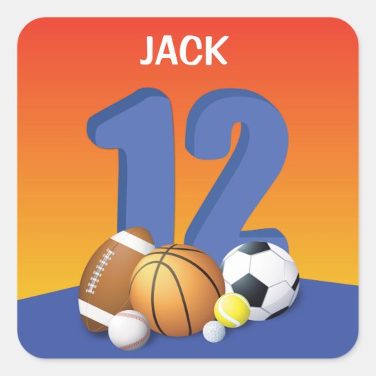Junge 12. Geburtstag Sportbälle Quadratischer Aufkleber (Vorderseite)