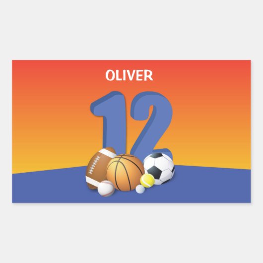 Junge 12. Geburtstag Sportbälle Rechteckiger Aufkleber (Vorderseite)