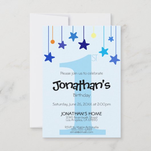 Junge 1. BIRTHDAY Cool Light Blue Stars Einladung (Vorderseite)