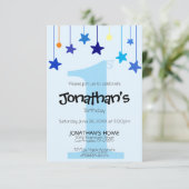 Junge 1. BIRTHDAY Cool Light Blue Stars Einladung (Stehend Vorderseite)