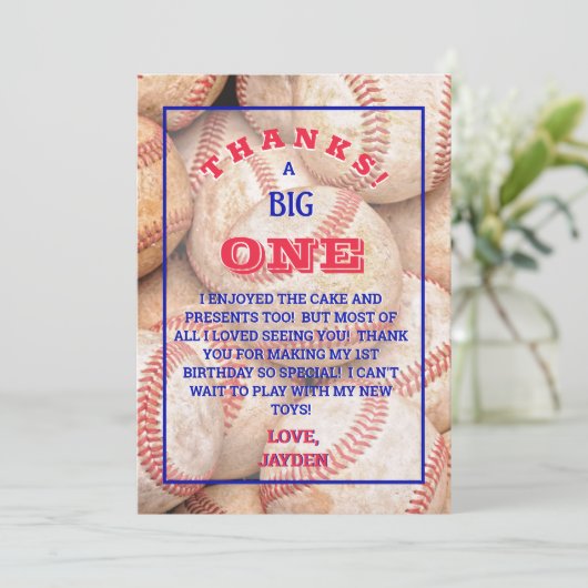 Junge 1. Geburtstag Baseball Dankeskarte (Stehend Vorderseite)