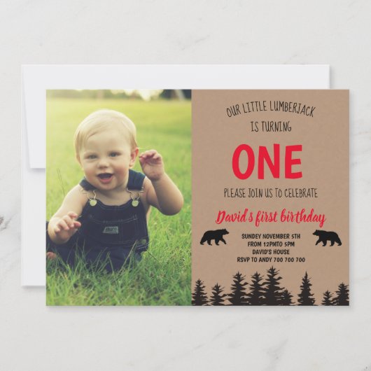 Junge 1. Geburtstag Foto Einladung Lumberjack (Vorderseite)