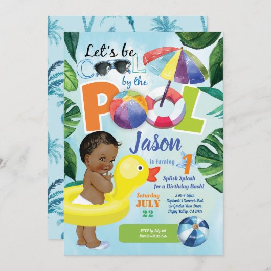 Junge 1. Geburtstag Pool Party tropisch Einladung (Vorne/Hinten)
