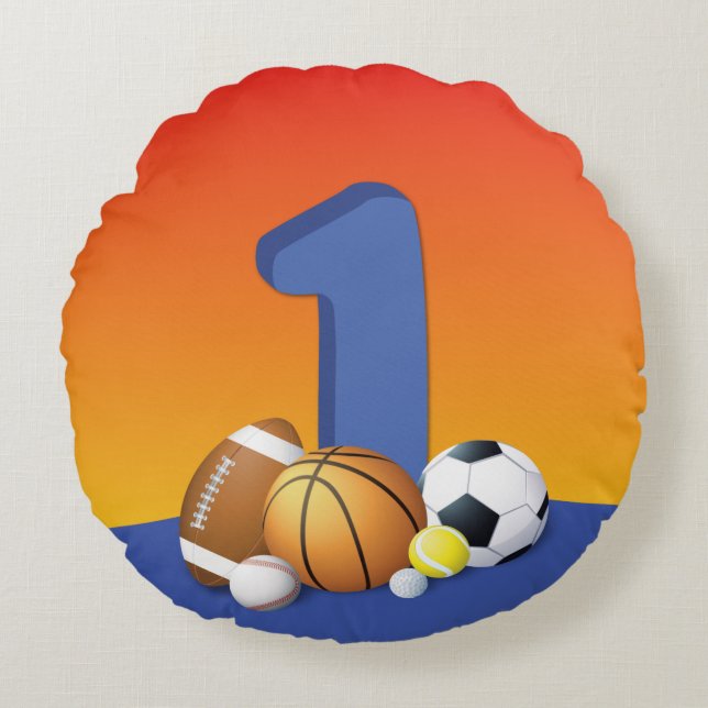 Junge 1. Geburtstag Sportbälle Rundes Kissen (Vorderseite)