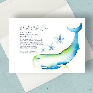 Junge 1. Geburtstag Watercolor Whale Starfish Einladung