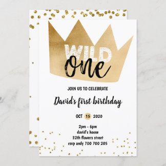Junge 1. Geburtstag WILD ONE Golden Foil Crown Con Einladung