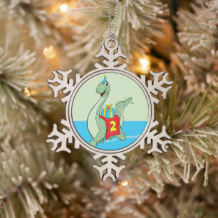 Junge, 2. Geburtstag Dinosaurier Schneeflocken Zinn-Ornament