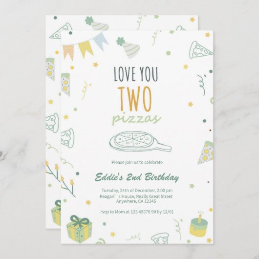 Junge 2. Geburtstag Pizza Party Einladung Blue (Vorne/Hinten)