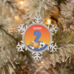 Junge 2. Geburtstag Sportbälle Schneeflocken Zinn-Ornament