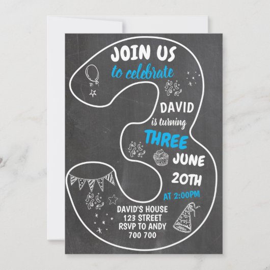 Junge 3. Geburtstag Chalkboard Nummer blau Einladung (Vorderseite)