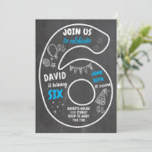 Junge 6. Geburtstag 6. Halbpension Nummer blau Einladung (Stehend Vorderseite)