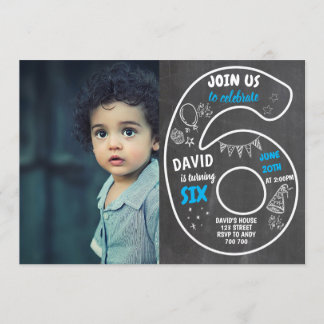 Junge 6. Geburtstagskarte mit Foto Nummer Blau Einladung