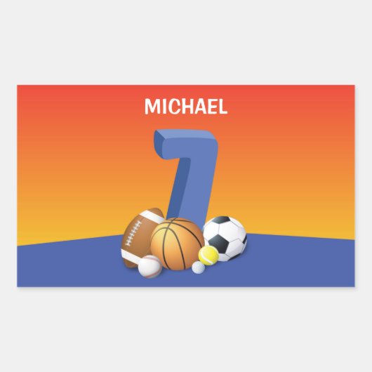 Junge 7. Geburtstag Sportbälle Rechteckiger Aufkleber (Vorderseite)
