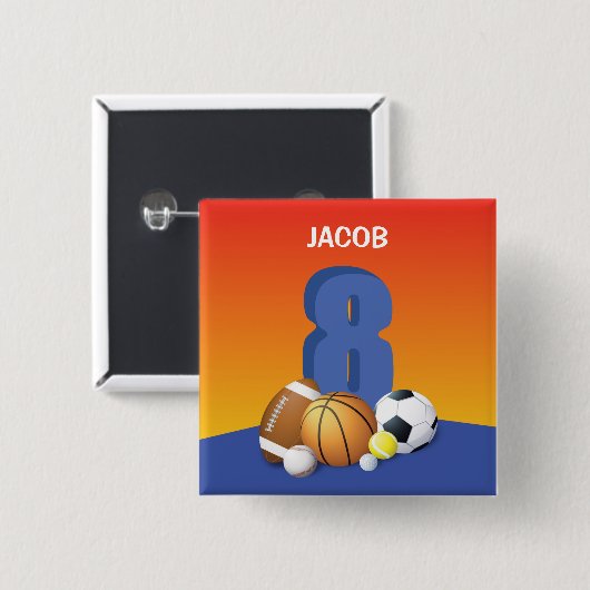 Junge 8. Geburtstag Sportbälle Button (Vorne & Hinten)