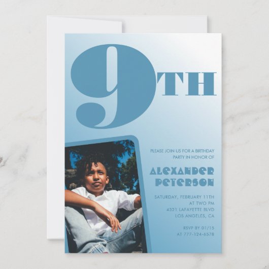Junge 9. Geburtstag Einladungen Blue Foto (Vorderseite)