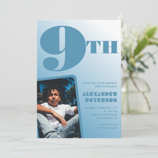 Junge 9. Geburtstag Einladungen Blue Foto (Stehend Vorderseite)